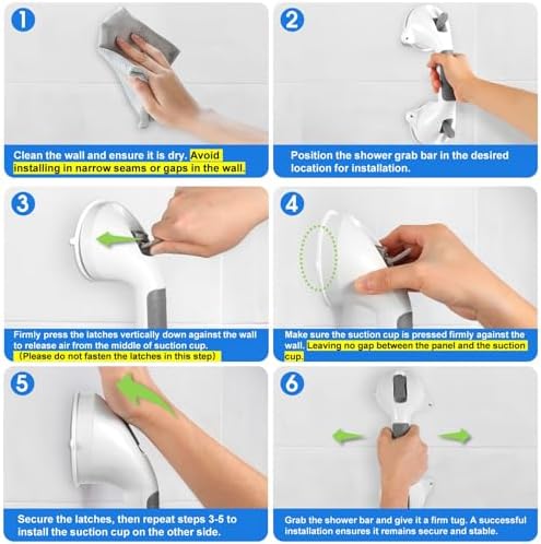 Suction Grab Bar with Safety Indicator for Bathtub Shower Bathroom, Heavy Duty Handrail Removable Reusable for Elderly Disabled and Kids, Anti-Slip Grip, No Drilling Tool Free, Waterproof Grey