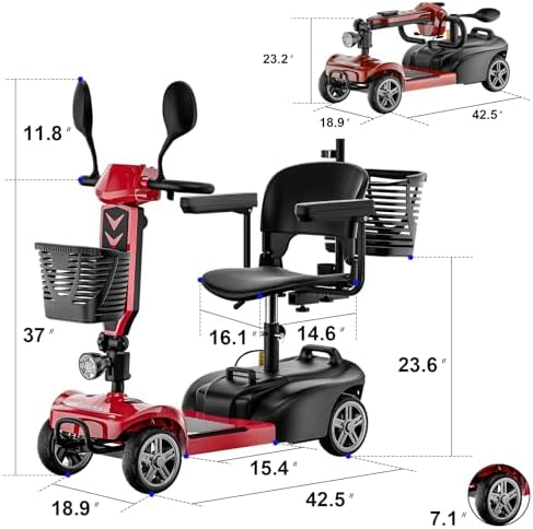 4-Wheel Foldable Mobility Scooters for Seniors, Detachable Battery, Upgraded Large Seat, Electric Scooter for Adults 15-Mile Range, Front & Rear Baskets, USB Port, Dual Mirrors, LED Headlight
