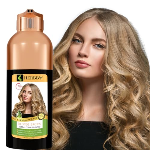HERBBY Hair Color Shampoo for Gray Hair Coverage&Color Transform with 9 Herbal Extracts ?Long Lasting(6-8 Weeks),Shiny,Evenly Colored,Instant Hair Dye Shampoo&Conditioner, 500 Ml (BLONDE BROWN COLOR)