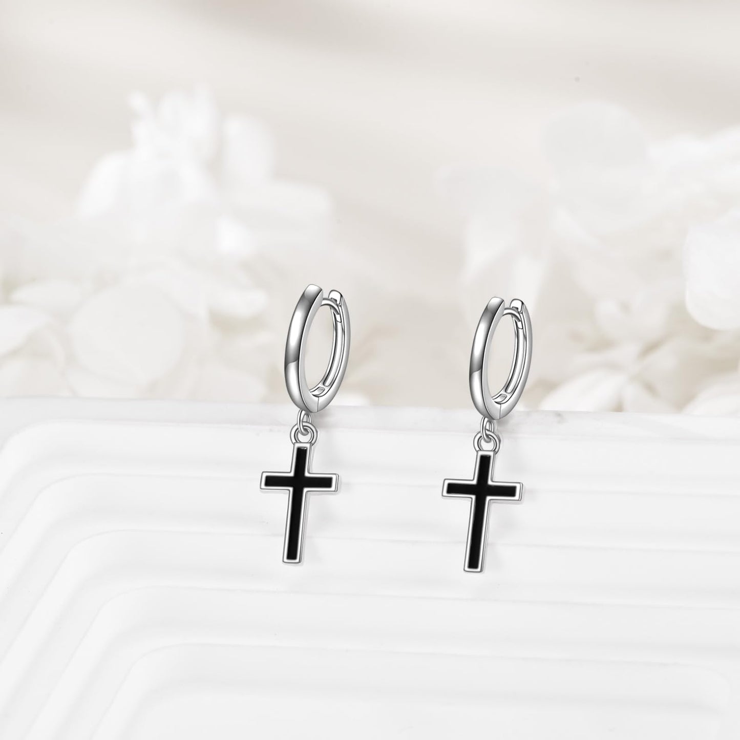 Men Cross Hoop Earrings 925 Sterling Silver Black Huggie Dangle Drop Earrings Christian Jewelry Birthday Gifts for Women (Black Cross Hoop)