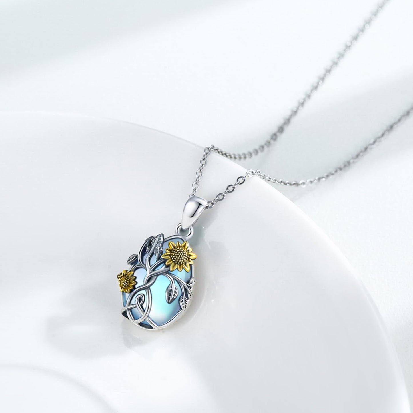 CHENGHONG Sunflower Moonstone Necklace for Women 925 Sterling Silver Family Tree of Life Teardrop Pendant Necklace Jewelry Gifts
