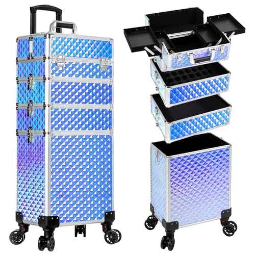 AROUS Rolling Makeup Train Case 4 in 1 Cosmetology Case on Wheels Large Storage Cosmetic Trolley with Key Salon Barber Case Traveling Cart Trunk, Colorful