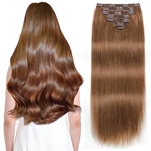 Sisily Clip in Hair Extensions Real Human Hair, 18 inch 150g, Medium Light Brown, 100% Brazilian Remy Human Hair Clip in Extensions Soft Straight 7pcs Per Set with 16 Clips Double Weft