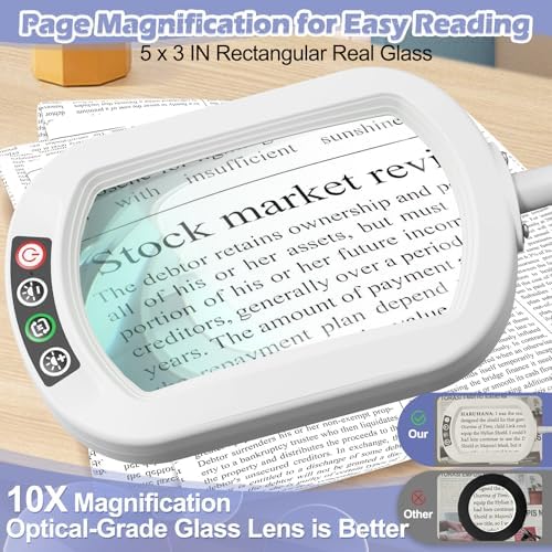Drdefi 10X Rectangular Magnifying Glass with Light and Stand, 24" Flexible Gooseneck Floor Lamp, 5 Color Modes Stepless Dimmable, 3-in-1 LED Lighted Magnifier Light Hands Free for Reading Craft-White