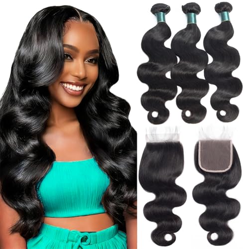 12A Bundles With Closure Human Hair 16 18 20+14 Inch,Body Wave Human Hair Bundles With 4X4 Hd Lace Closure,100% Unprocessed Brazilian Virgin Hair Weave Natural Black Color