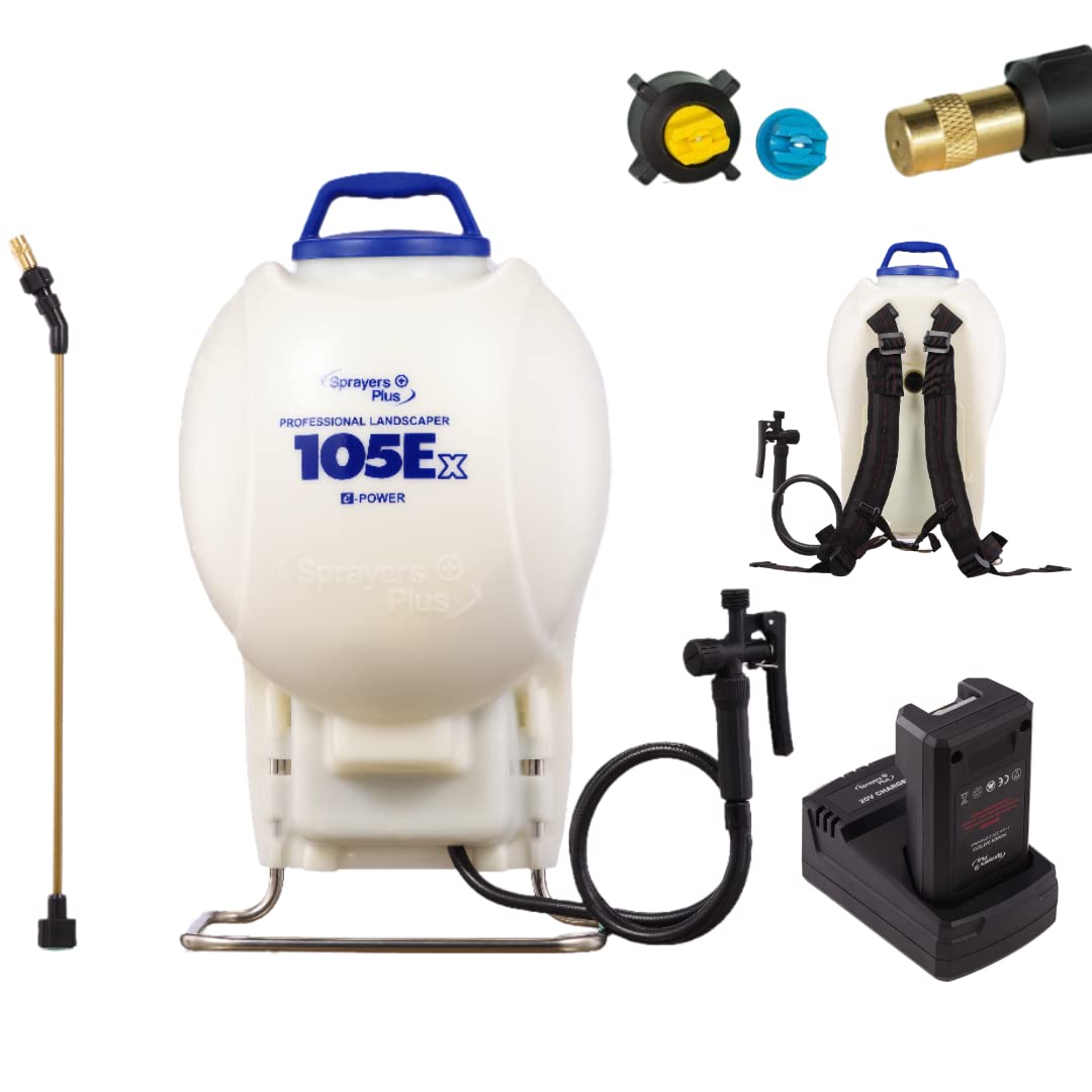Sprayers Plus 105ex Backpack Sprayer 4 Gallon Battery Powered, 20V Lithium Battery, Chemcial Resistant Viton Seals Brass Wand, Adjustable Nozzles for Lawn Care Gardening Weed Control