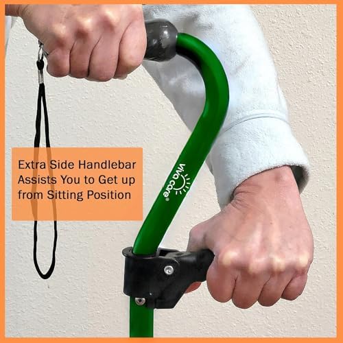 Walking Cane with 4 Prongs and Extra Side Handle – Adjustable, for Balance & Stability for Adults, Seniors, and Injured.