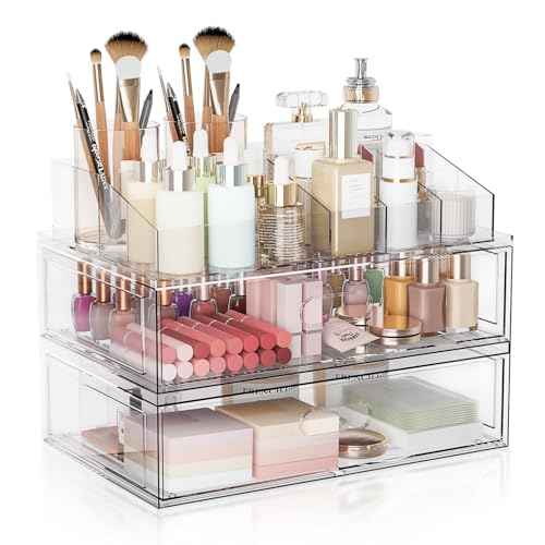Clear Stackable Makeup Organizer with Drawer, 12''W Acrylic Storage Drawers, Cosmetic Display Case for Vanity Bathroom Countertop, Beauty Holder for Lipstick Brush Skincare Perfume