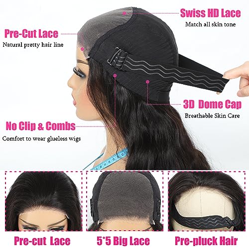 Wear and Go Glueless Wigs Human Hair Pre Cut HD Lace 5X5 Body Wave Lace Wigs Human Hair Pre Plucked 180% Density 3 Seconds to Wear Glueless Wigs for Beginners 28 Inch, Black