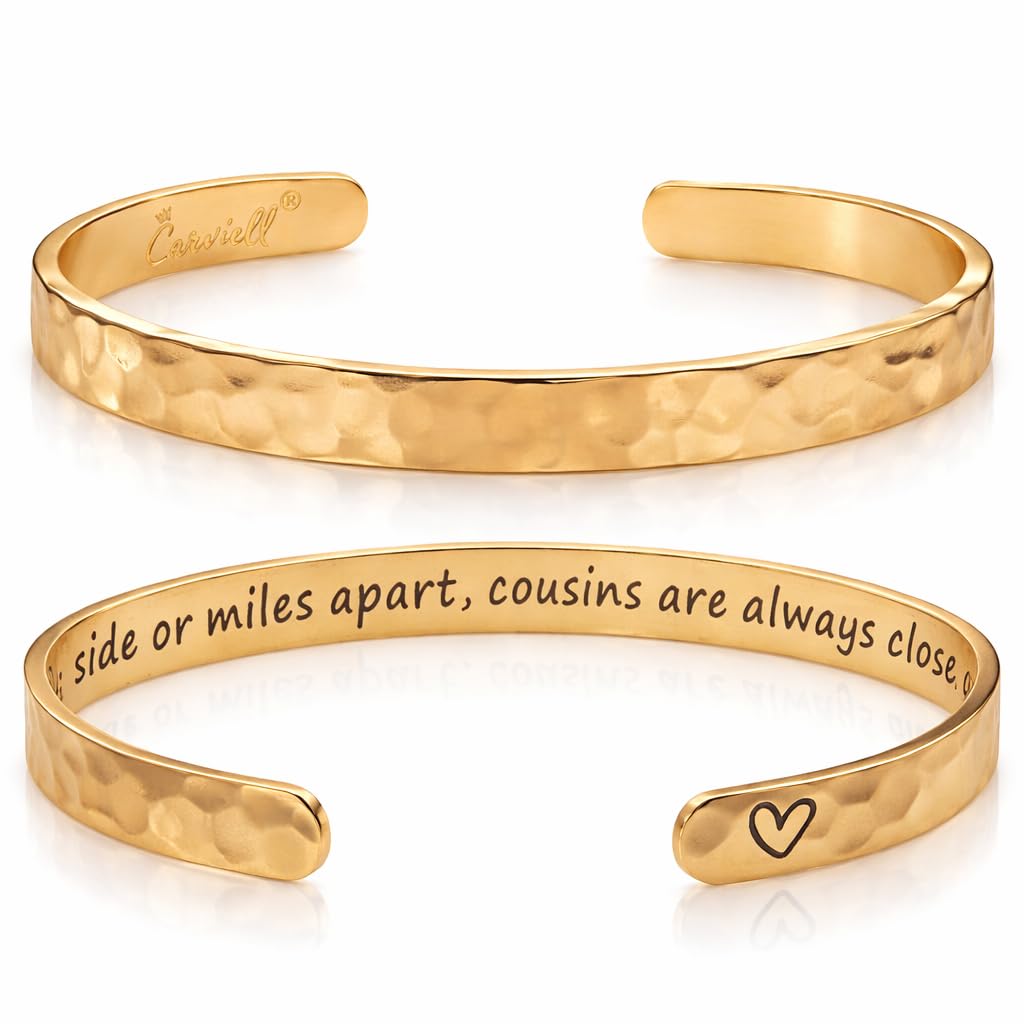 Carviell Gold Cousin Bracelet for Women– “Side by Side or Miles Apart, Cousins Are Always Close at Heart” Engraved Cuff, Cousin Gift for Women, Birthday, Christmas, or Friendship Jewelry