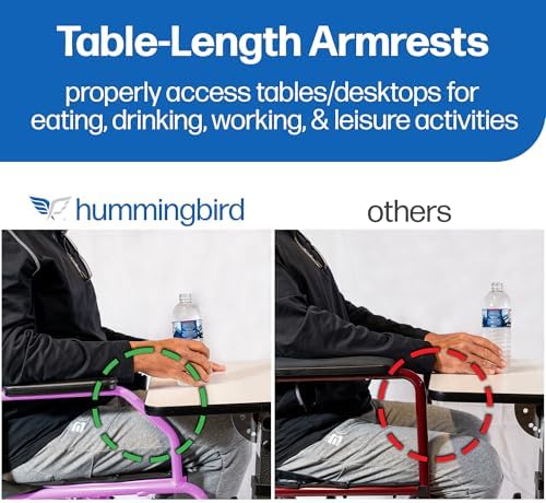 Platinum Health Hummingbird™ Ultra-Lightweight Foldable Transport Wheelchair, Handbrakes,12-Inch Rear Wheels, Extra-Wide Seat. Convenient Table-Length Padded Armrests. (Sunrise Pink)