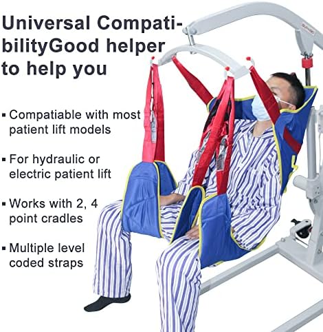 Full Body Patient Lift Sling, Head and Back Support, Toileting Transfer Slings, Split Legs with Commode Opening, 5 Handles, 6 Straps, Lifting Sling Medium Compatible with Various of Lifts