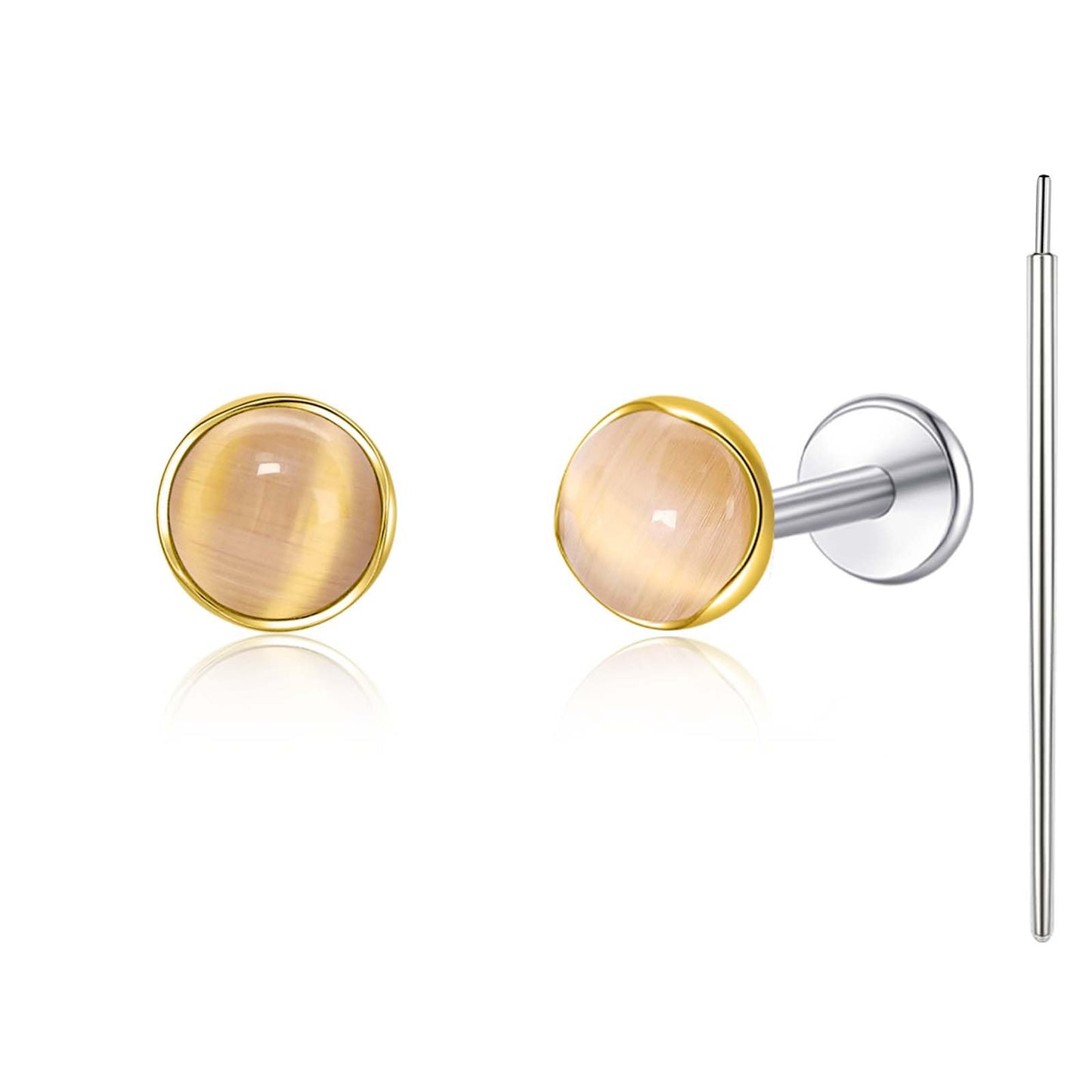 Limerencia Hypoallergenic Earrings for Sensitive Ears - 18G G23 Titanium Round Cat's Eye Push in Stud Earrings, Cartilage Stone Pierced Earrings for Women Men Gift,Champagne 4mm