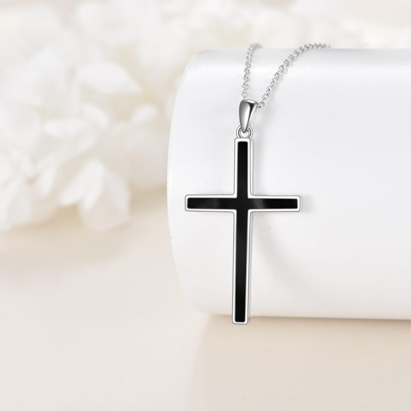 YFN I Can Do All Things Cross Necklace Sterling Silver Black Onyx Cross Pendant Thin Cross Jewelry Gifts for Women Men