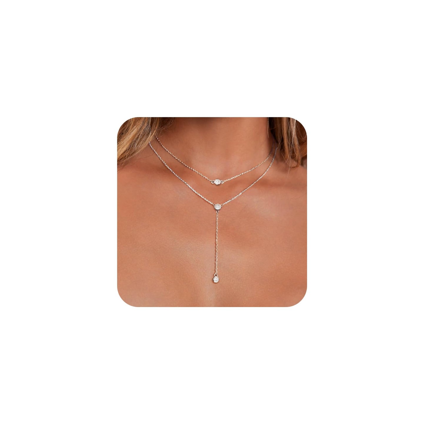 LULII Layered Silver Necklace for Women Trendy Dainty Silver Plated Long Y Necklaces Lariat CZ Pendant Necklace Simple Jewelry for Women Gifts