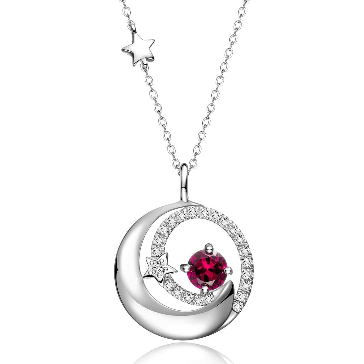 FANCIME Ruby Necklace 925 Sterling Silver July Birthstone Moon Star Pendant Red Created Gemstone Fine Jewelry Birthday Anniversary Mothers Day Gifts for Women Mom Daughter, Adjustable Chain 16"+2"