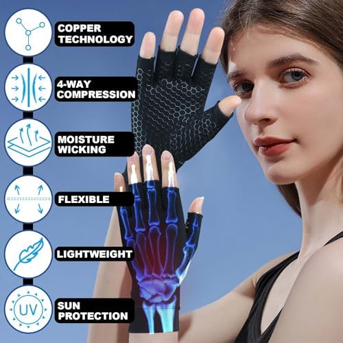 2 Pairs Copper Arthritis Gloves for Carpal Tunnel Pain Relief, Compression Gloves to Alleviate Hand Pain, Swelling, Fingerless Computer Typing Gloves for Rheumatoid, Tendonitis Women & Men (X-Large)