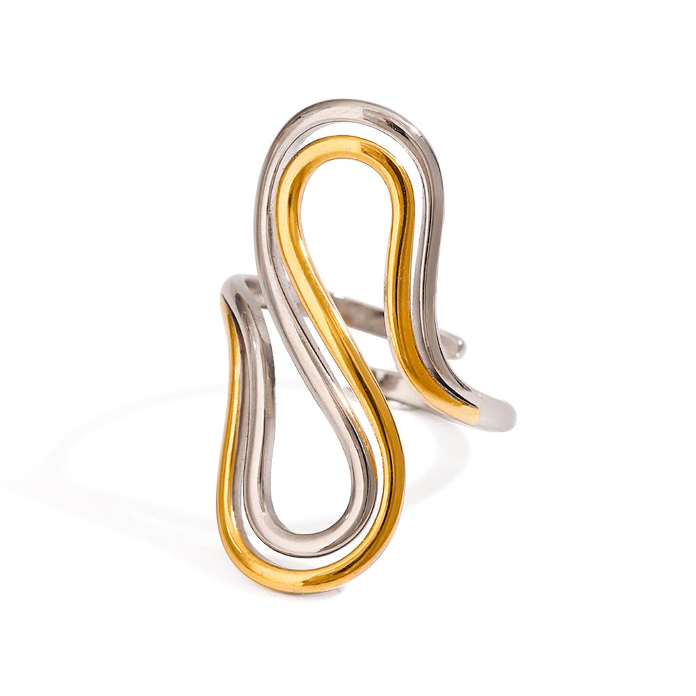 AIETUE Chunky Rings For Women, Gold Silver Thumb Ring Asymmetrical Wavy Curve Ring Adjustable Non Tarnish Dainty Stainless Steel New Year Anniversary Birthday Jewelry Gift (Unique-G&S Mixed)