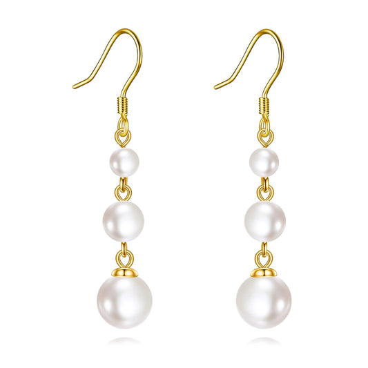 925 Sterling Silver Pearl Dangle Earrings Three Pearls Drop Jewelry Birthday Gifts for Women (Pearl-Gold)