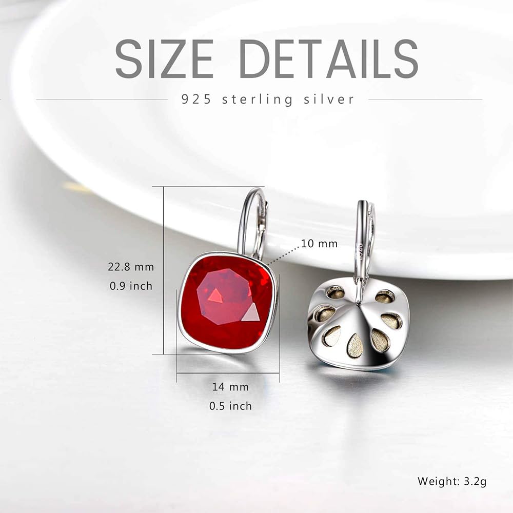 AOBOCO Sterling Silver Leverback Earrings Embellished with Crystals from Austria, Hypoallergenic Cushion Cut Square Crystal Earrings, Fine Anniversary Birthday Jewelry Gifts for Women (Burgundy)