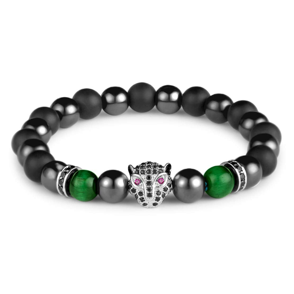 Karseer Black Panther Spirit Animal Bracelet, 8MM Natural Black Onyx Crystal and Hematite Beaded Elastic Bracelet, Handmade Meditation and Prayer Jewelry Unisex (Plated White Gold)