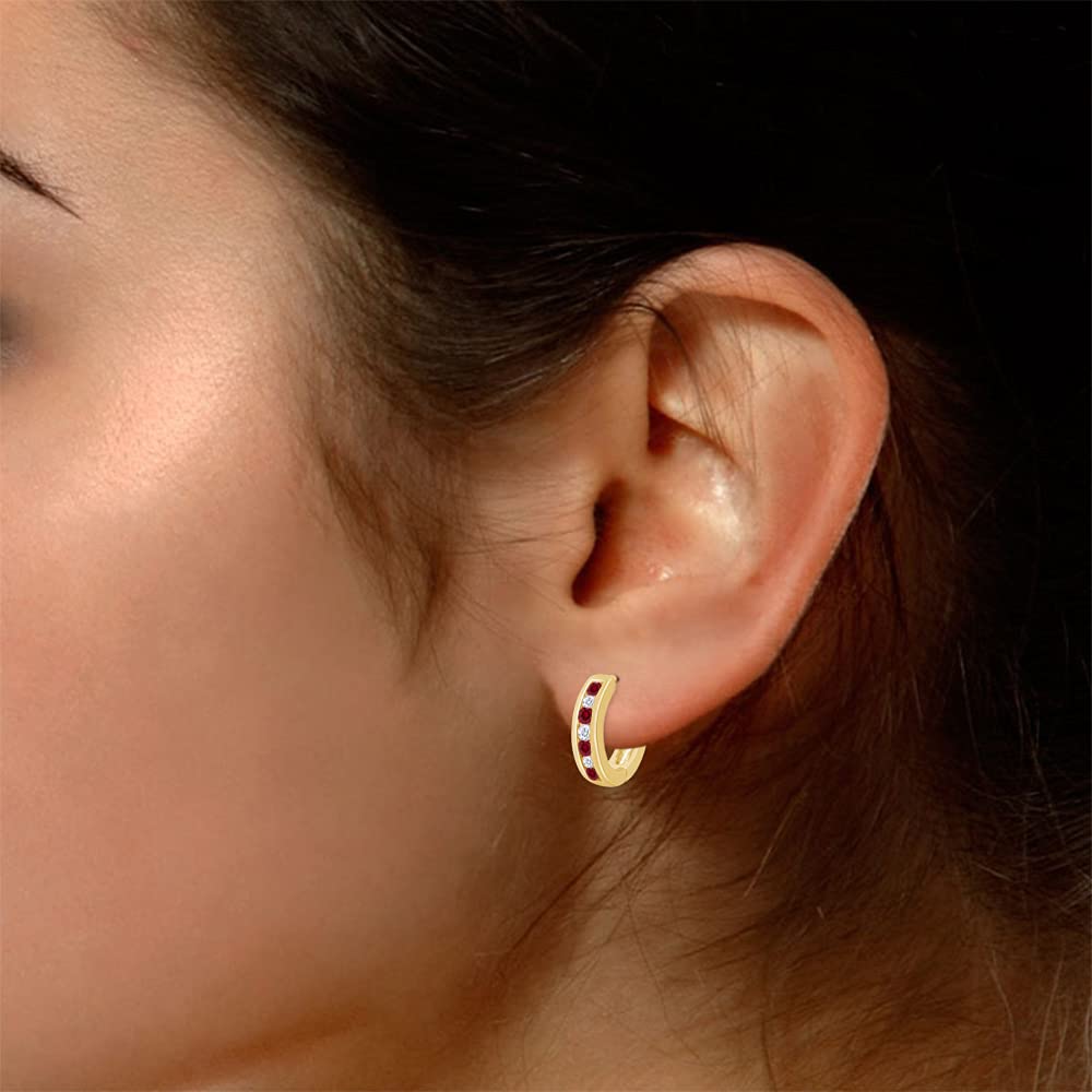Huggie Earrings for Women, 14K Yellow Gold Over Sterling Silver Hoop Earrings with Simulated Ruby and White Cubic Zirconia, Dainty Elegant Jewelry Gift