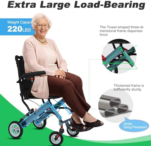 Ultra Lightweight Wheelchairs for Adults 20lbs - Foldable Transport Chair with 8" Honeycomb Tires & Detachable Cushion, 220lbs Capacity - Elderly Wheelchair for Travel, Hospital, Home Use (Blue)