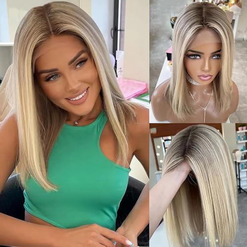 Short Highlight Lace Front Bob Wigs for Black Women Human Hair Pre Plucked 4x4 Lace Closure Wig Ombre 613 Blonde Mixed Light Brown Dark Roots Colored Wig 14 Inch