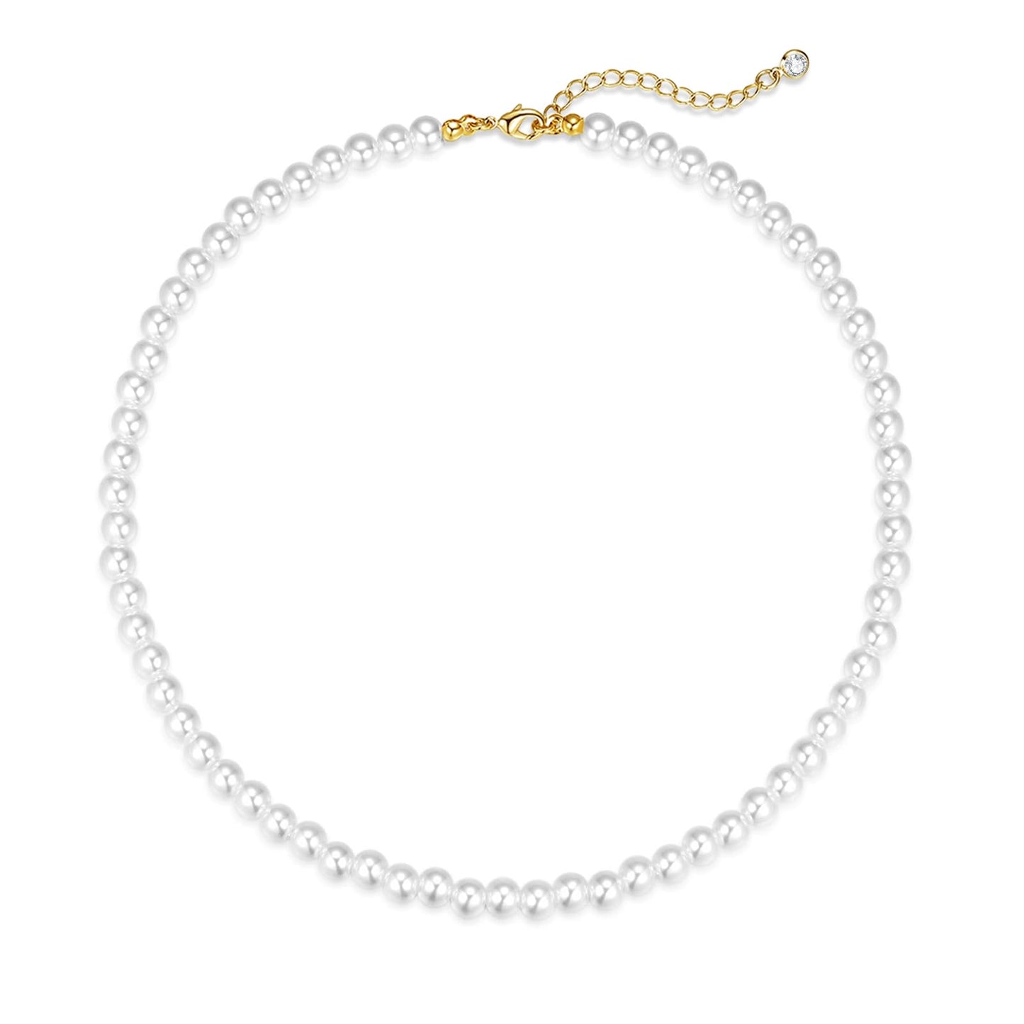 Zeffy Pearl Necklace for Women, 6MM Dainty Gold Round Imitation Pearl Choker Necklace Wedding Delicate Jewelry for Women Simple Bridesmaid Jewelry Gifts
