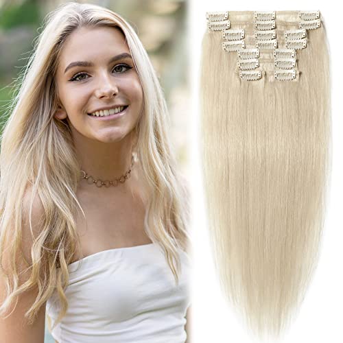 MY-LADY Clip in Hair Extensions Real Human Hair Platinum Blonde 22 Inch 85g Remy Hair 8pcs Weft Balayage Full Head Natural Straight for Women