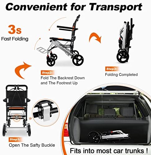 World's Lightest (Only 16lbs) Portable Transit Travel Wheelchair, Folding Transport Wheelchairs for Adults and Seniors Support 220lbs, Lightweight Aluminum Wheelchair for Elderly