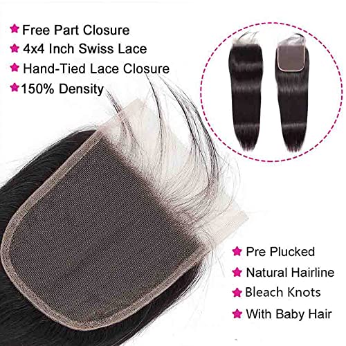 Straight Bundles with Closure Human Hair 16 18 20+14 Brazilian Human Hair Bundles with Closure Straight 100% Unprocessed Virgin Weave Hair Bundles with Lace Closure