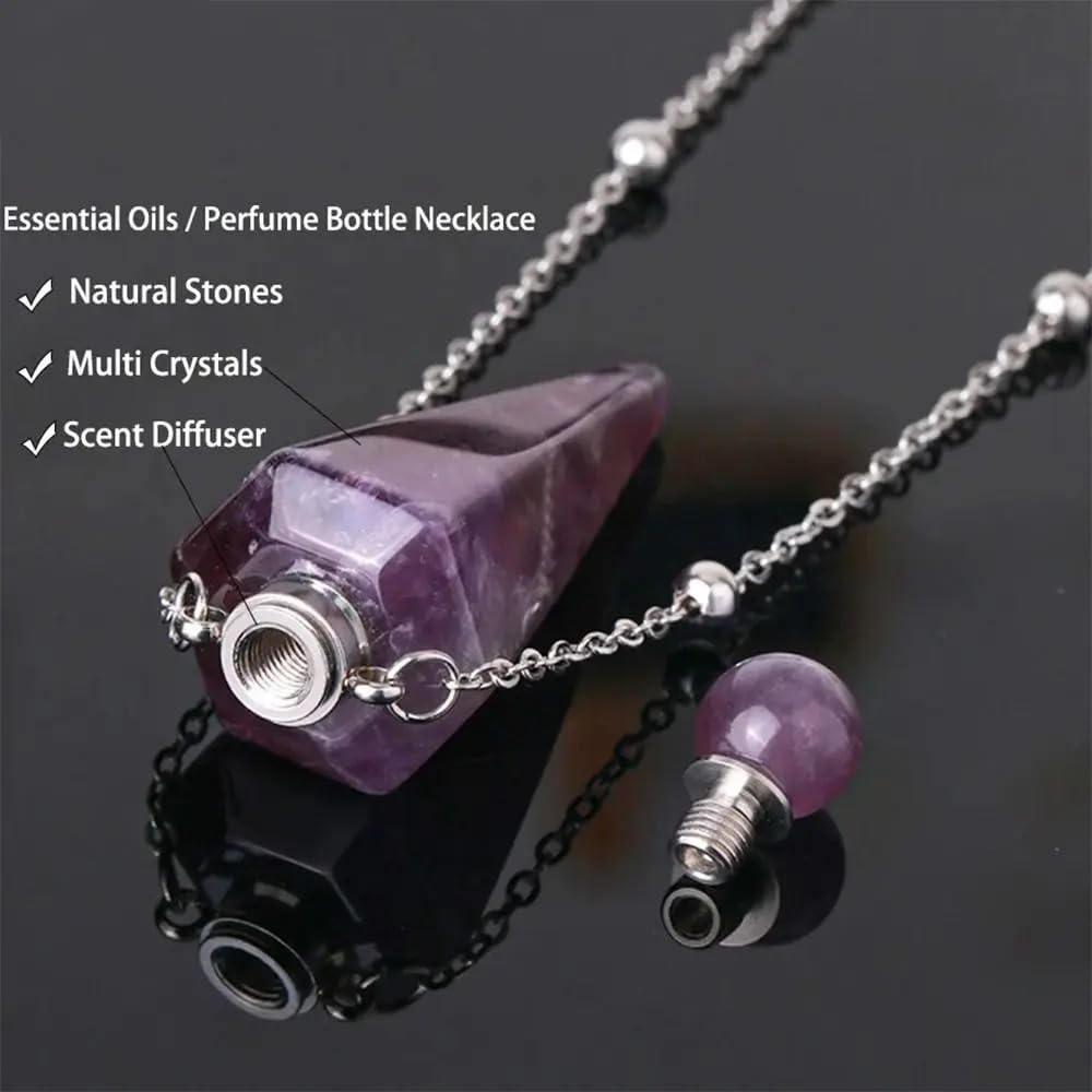 925 Sterling Silver Essential Oil Necklace For Women And Men, Natural Crystal Stone Cone Shape Pendant Necklace Healing Perfume Bottle Necklace Essential Oil Pendant Necklace (10 - Essential Oil Necklace)
