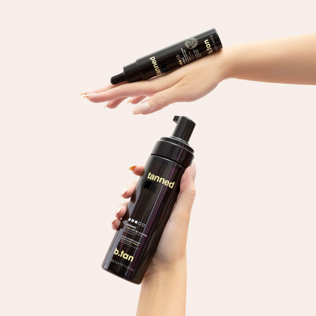 b.tan Dark Self Tanner Kit | Get Tanned Bundle - Best Mousse w/Tanning Mitt Applicator, 1 Hour Express Sunless Foam, Fast Bronzing Glow, No Fake Tan Smell, Vegan, Cruelty Free, 6.7 Fl Oz