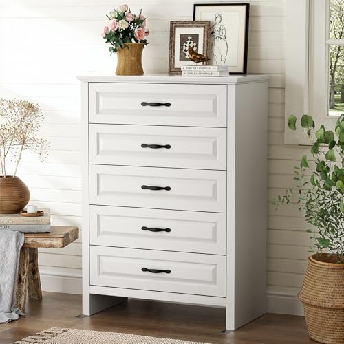 Marsail Farmhouse 5 Drawer Dresser, Wood Chest of Drawers with Natural Texture, Smooth Gliding Drawers, Versatile Storage Organizer Cabinet for Bedroom & Living Room, White