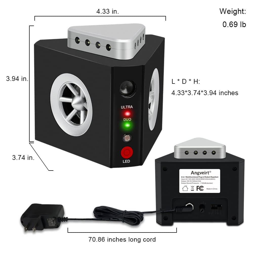 Angveirt Ultrasonic Rodent Repellent Plug-in Indoor, Mouse & Rat Deterrent with 12 Strobe Lights and 4 Sound Modes, Electronic Pest Repeller for Home, Garage, Attic, RV - Prevents Nesting & Damage