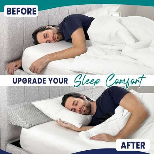 Bed Wedge Pillow for Headboard Gap Filler Queen Size - High Density Memory Foam Headboard Pillow Wedge Prevents Items Falling - Triangle Mattress Spacer with Pockets