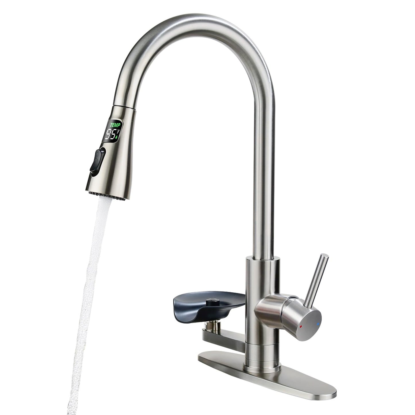 Kitchen Faucet with Glass Rinser, Pull Down Sink Faucet with 3 Spray Modes and High Pressure Glass Rinser, Temperature Display High Arc Stainless Steel Kitchen Faucets (Brushed Nickel)