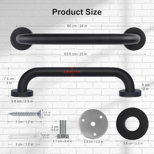 2 Pack Bathroom Grab Bar, supregear 24 Inch Length Black Shower Safety Grab Bar, 1 Inch Diameter 201 Stainless Steel Anti-Slip Handle for Senior, Elderly, Handicap
