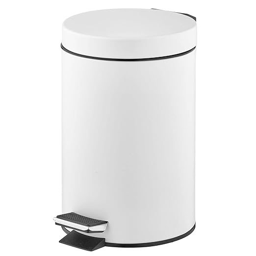 mDesign Pedal Bin â Metal Waste Bin with Pedal, Lid and Plastic Bucket Insert â for Bathroom, Kitchen, and Office â 3 Litre Household Rubbish Bin with Ergonomic Design â White