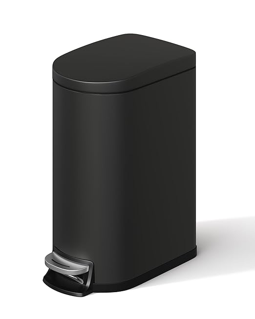 2.6 Gallon Bathroom Trash Can with Lid, Slim Step Pedal Garbage Bin, Stainless Steel Wastebasket with Soft-Close Lid, Removable Inner Bucket & Rear Handle for Bathroom, Office & Small Spaces-Black
