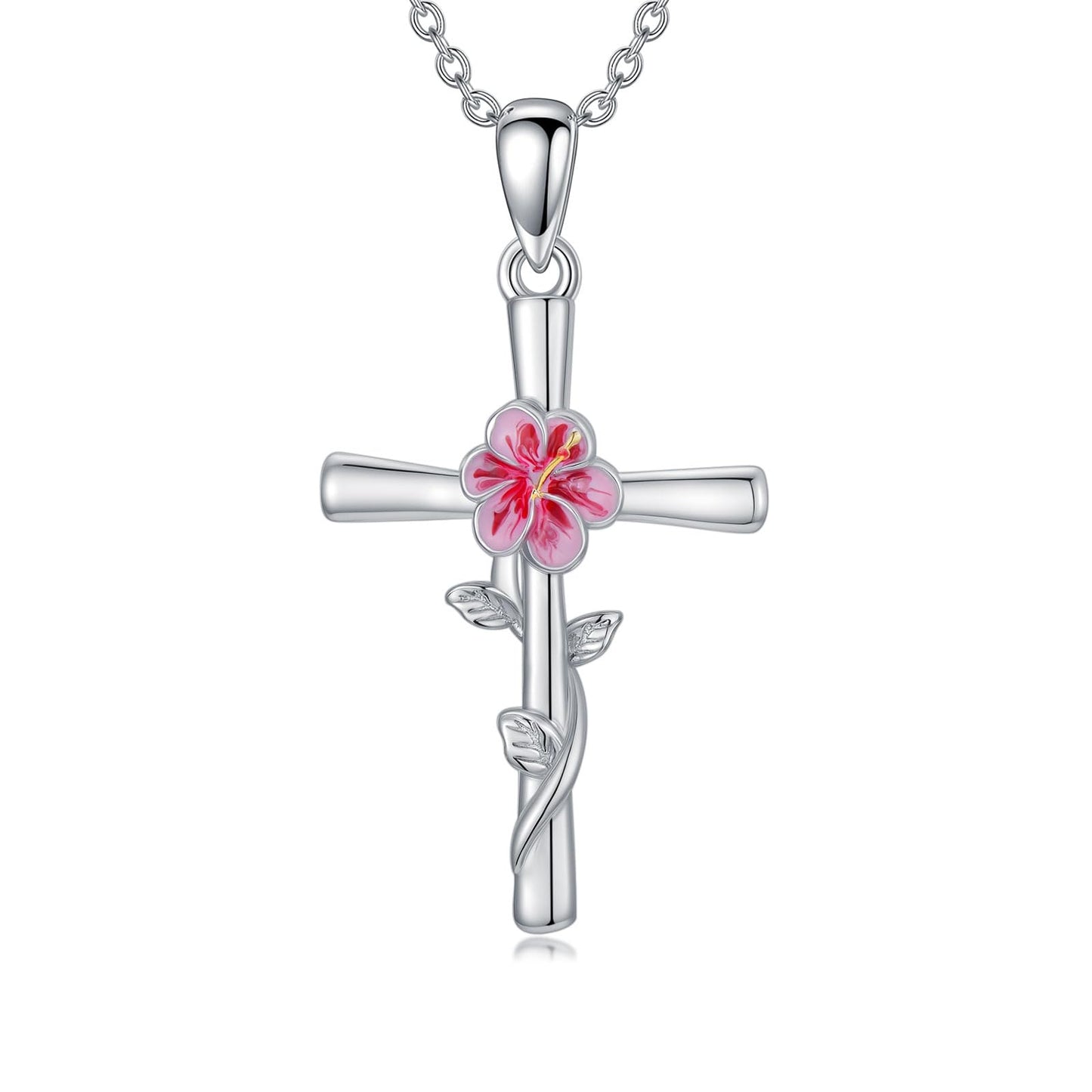 Cargari Hibiscus Cross Necklace for Women 925 Sterling Silver Birth Flower Pendant Hibiscus Flower Necklace Jewelry Floral Gifts for Women