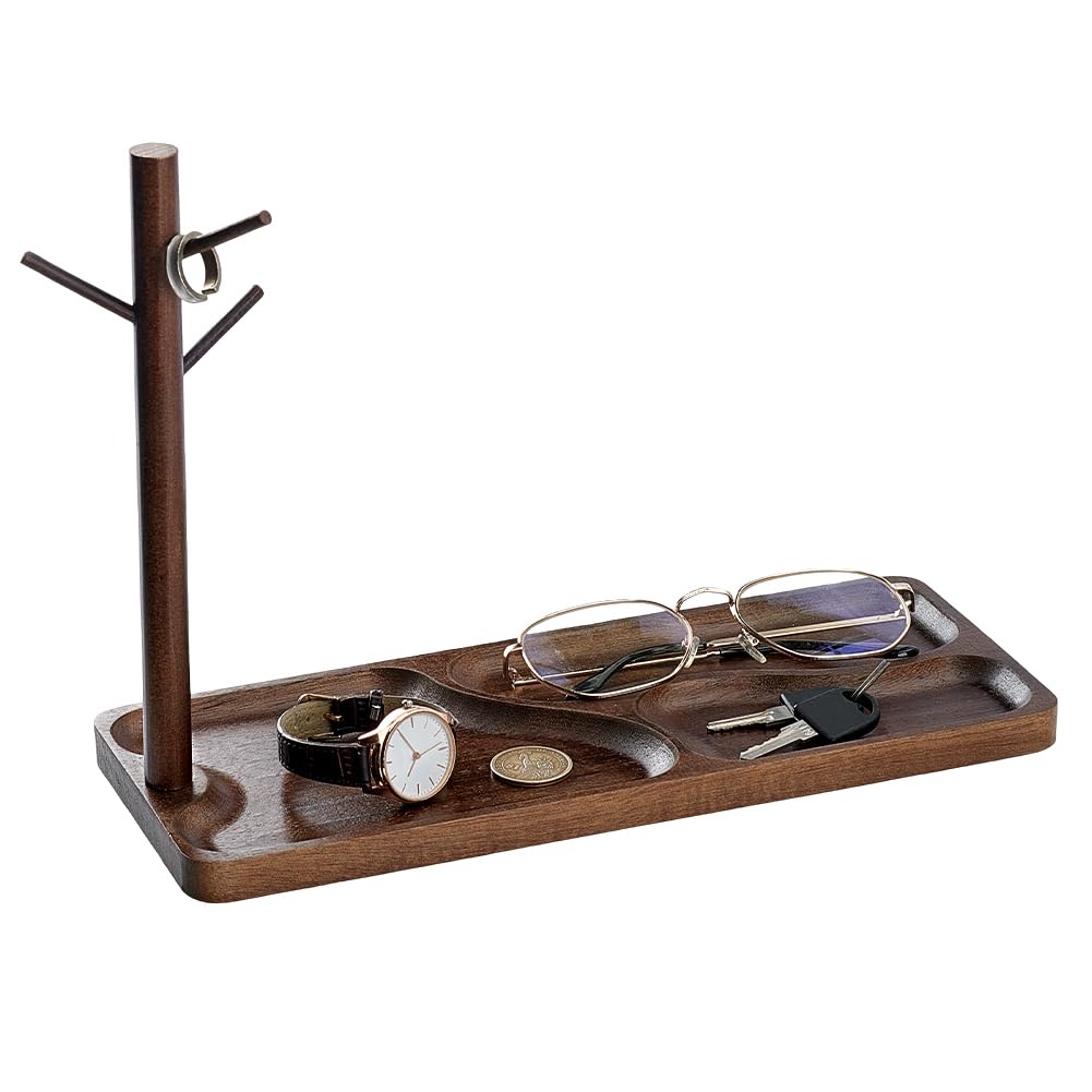 PH PandaHall Wood Key Tray for Entryway Table Key Holder Jewelry Tray for Home Decorations with Hanging Organizer Ring Bracelet Stand Tray for Watch Glasses Phone12.9x4.7x8.9 Inches, Brown
