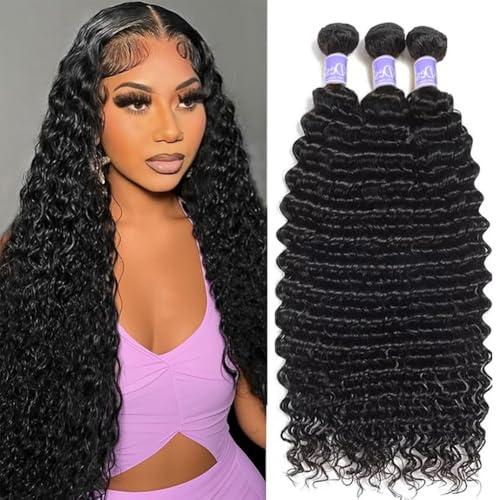 Deep Wave Human Hair Bundles 12A Brazilian Virgin Human Hair Bundles 18 20 22 Inch Wet and Wavy Curly Bundles Human Hair Extensions for Black Women Natural Black Color