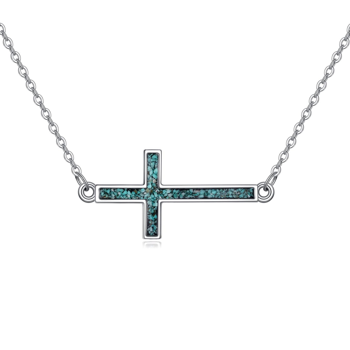 YFN Sideways Cross Necklace Sterling Silver Turquoise Cross Pendant Jewelry Gifts for Women Men