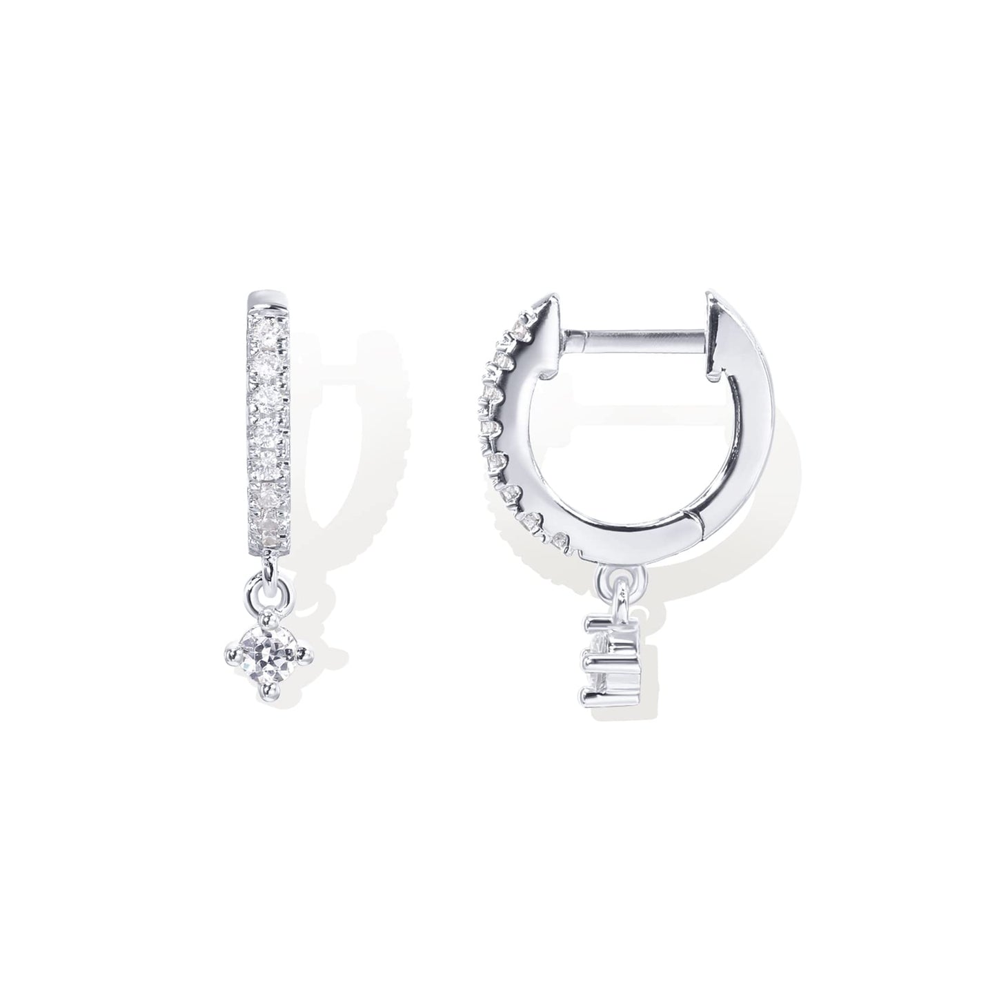 PAVOI Rhodium Plated 925 Sterling Silver Post Trendy Cubic Zirconia Round Dangle Huggie Earrings for Women - Small Gold Hinged Huggie Hoop Earrings