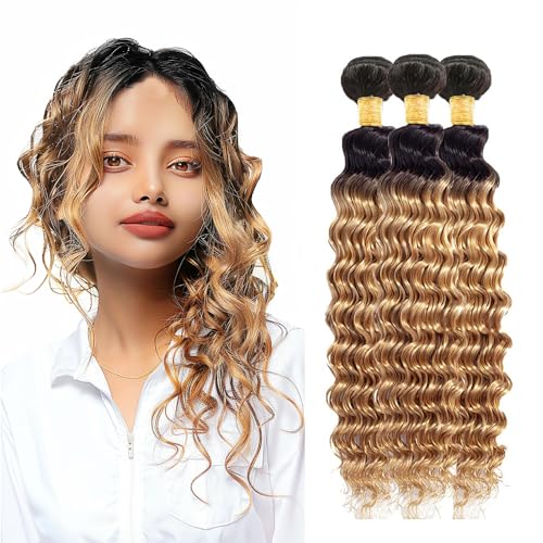 1B/27 Honey Blonde Bundles Ombre Deep Wave Bundles Human Hair Brazilian Two Tone Black and Blonde 3 Bundles Ombre Blonde Deep Wave Bundles Hair Weave for Black Women (20 22 24 Inch)