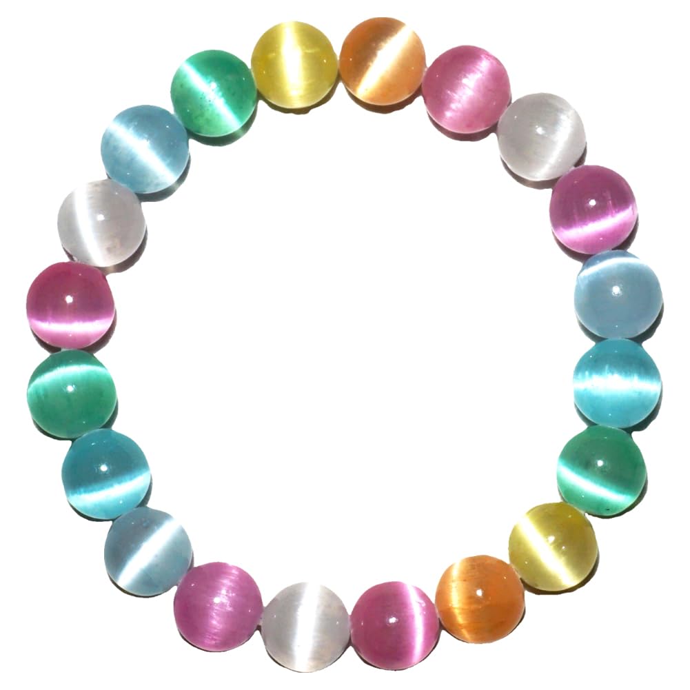 TaHLga 10mm Rainbow Selenite Bracelet - Iridescent Natural Crystal | Handmade Meditation Bracelet with Cat-Eye Effect | Come with Beading Tool Kit - Adjustable to 6.5-8 inches Wrist Size
