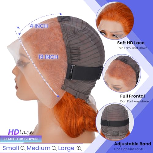 Short Bob Wig 350 Ginger Orange 16 Inch 180% Density Human Hair 13x4 HD Transparent Lace Front Wig with Baby Hair for Women