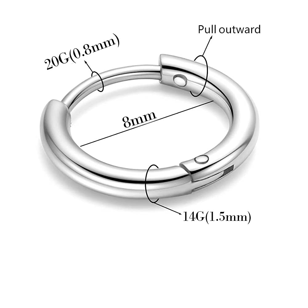 316L Surgical Stainless Steel Huggie Hoop Earrings 8mm Silver Hypoallergenic Earrings Hoop Cartilage Helix Lobes Hinged Sleeper Earrings For Men Women(B10:8mm Silver(THK 1.5mm))